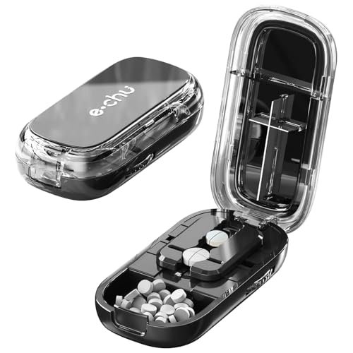 Tablettenteiler, Tablettenteiler für Alle Tabletten, 1/2 & 1/4 Unterteilt, Tablettenschneider für Kleine und Große Tabletten, Pillenteiler mit Aufbewahrungsfach für Reise, Haustier, Schwarz