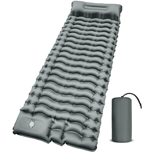 Yuzonc Isomatte Selbstaufblasend, 10cm Dicktes Luftmatratze Camping mit Fußpresse Pumpe & Kissen, Kleines Packmass Camping Matratze Kompakte und Leichte für Outdoor, Grau