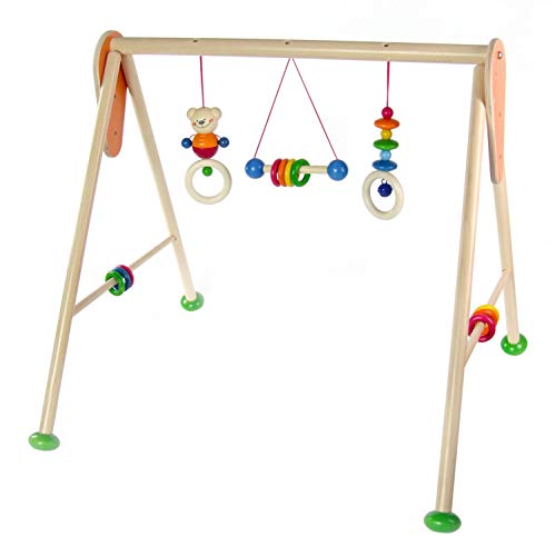 Hess Holzspielzeug 13371 - Spielgerät aus Holz, Serie Bär Henry, für Babys, handgefertigter Spielbogen mit farbenfrohen Figuren und Rasseln, ca. 62 x 57 x 55 cm