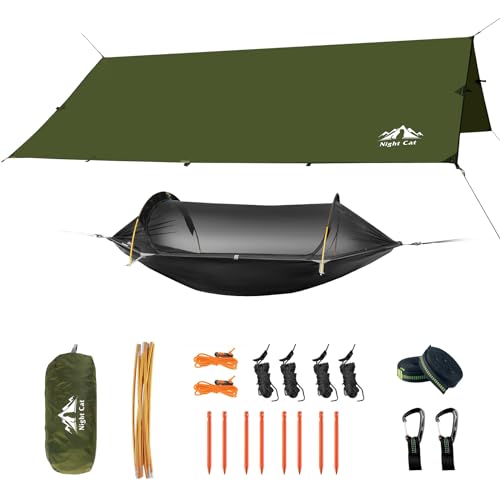 Night Cat Camping Hängematte mit Moskitonetz und Tarp Leichte Tragbare Hängematte mit Riemen für Reisen Wandern Rucksacktourismus