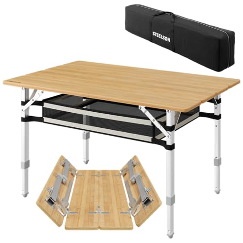 STEELSØN Campingtisch faltbar, Klapptisch stufenweise höhenverstellbar, Tischplatte klappbar 100x65 cm mit Tragetasche und Netztasche montiert, aus Bambus und Aluminium