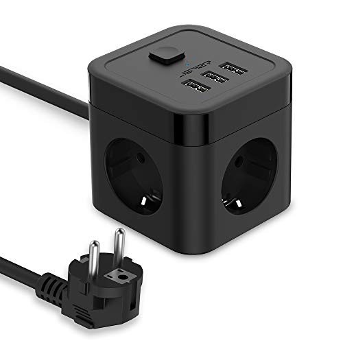 JSVER Steckdosenleiste Würfel USB Mehrfachsteckdose Cube 3 Fach mit 3 USB (15,5W) Steckdosen 3680W mit Schalter für Büro, zu Hause 1,5m Kabel-Schwarz