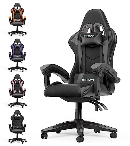 bigzzia Gaming Stuhl Ergonomisch - Gamer Stühle mit Lendenkissen + Kopfstütze Gaming Chair Höhenverstellbar Bürostuhl Computerstuhl für Erwachsene Mädchen Junge, Schwarz-Grau