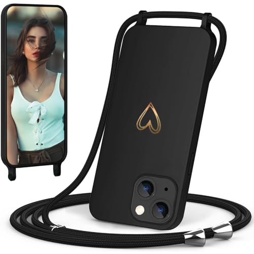 CaseLover Handykette kompatibel mit iPhone 13 Hülle mit Band, Herz Muster Silikon Necklace Handyhülle mit Abnehmbar Kordel zum Umhängen Stossfest Bumper Handy Schutzhülle für iPhone 13 6.1', Schwarz