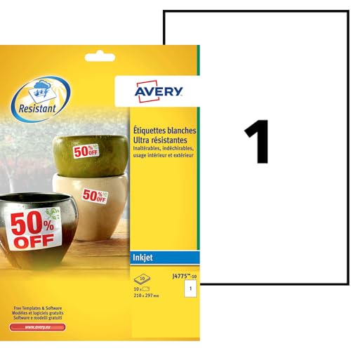 AVERY Zweckform J4775-10 Wetterfeste Folienetiketten Inkjet (10 Aufkleber, 210x297mm auf A4, extrem stark selbstklebend, wasserfest, strapazierfähig, bedruckbare Outdoor Klebefolie) 10 Blatt, weiß