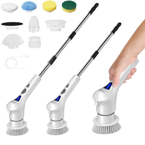 9 in 1 Elektrische Reinigungsbürste mit Verstellbarem Griff, Haomacro Putzbürste Elektrisch Spin Scrubber mit 9 austauschbaren Bürsten für Toilette, Badewanne, Küche, Boden（2 Geschwindigkeiten）