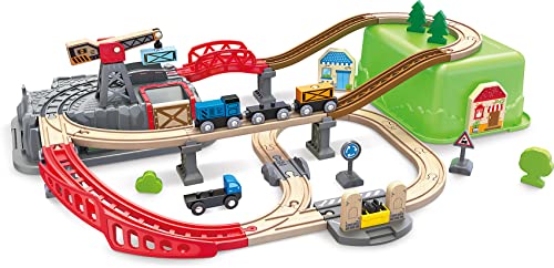 Hape Eisenbahn-Baukasten-Set mit integrierter Lagerbox und Güterzug aus Holz, ab 3 Jahren