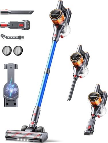 Akku Staubsauger Kabellos 550W/45000Pa/60min Laufzeit, Kabelloser Staubsauger mit Ladestation, Leichter Freistehend Akkustaubsauger, Super Leise Akkusauger für Hartböden Teppiche Tierhaare