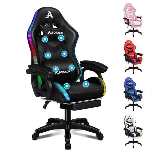 ALFORDSON Gaming Stuhl, Racing Gamer Stuhl mit LED RGB Beleuchtung, Massaging Computersessel mit Fußstütze, Ergonomischer Drehstuhl mit hebelbetätigter Rückenlehne, Schwarz