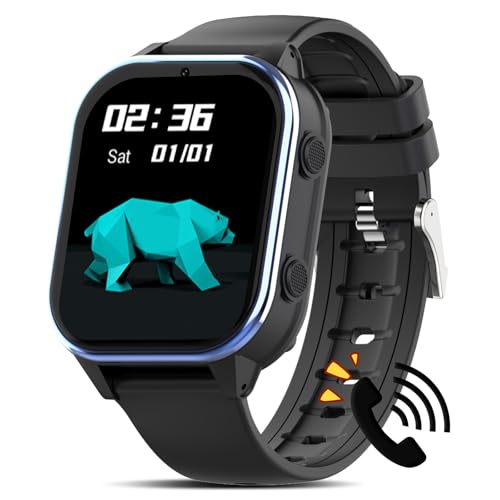 PTHTECHUS Uhr Kinder 4G, Armbanduhr Kinder mit Videoanruf, WiFi/GPS Tracker/Bluetooth Musik Schulmodus SOS Wecker, 900 MAh Lange Standby-Zeit, Kinder Smart Uhr für ab 5 Jahren, Glänzendes schwarz