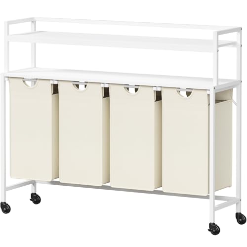 Lifewit Wäschekorb 4 Fächer, 68L/42 x 3L Wäschesammler mit 2 Ablage und Rollen, Laundry Baskets mit herausziehbaren Säcken, Wäschesortierer für Waschküche Schlafzimmer, Weiß