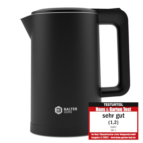 Balter Wasserkocher Edelstahl WK-4, 1,7 Liter, elektrischer Wasserkocher, Doppelwand Design, BPA frei, LED, Teekocher Kompakt, leise (Schwarz)