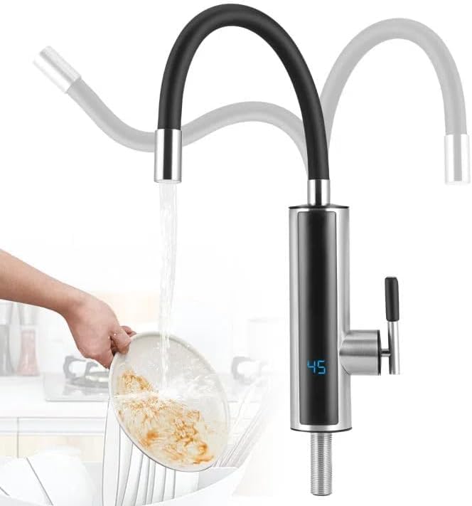 Wasserhahn mit Durchlauferhitzer Küche, 3000W 360°Schwenkbar Küchenarmatur Armatur, Elektrische Heizung Wasserhahn, LED Temperaturanzeige, Elektrische Edelstahl für Küche, Garten, Bad, Wohnwagen