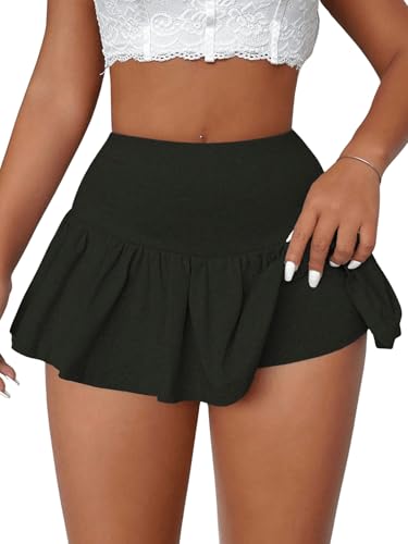 GORGLITTER Damen Hosenrock Sommer Minirock Sommershorts Gefältelter Shorts Rüschensaum Ultra-kurzer Rock Club Röcke Schwarz S
