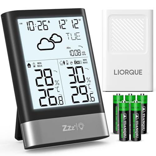 LIORQUE Wetterstation Funk mit Außensensor Digital Thermometer Hygrometer Innen und Außen Funkwetterstation mit Wettervorhersage Batteriebetrieben Doppelwecker Uhrzeitanzeige