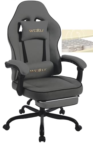 WOLTU Gaming Stuhl mit Taschenfederkissen, Gaming Sessel 150 kg Belastbarkeit, ergonomischer Drehstuhl, Gamer Stuhl mit Kopfkissen, Lendenkissen, Fußstütze, Tech-Stoff, Grau, GS10gr