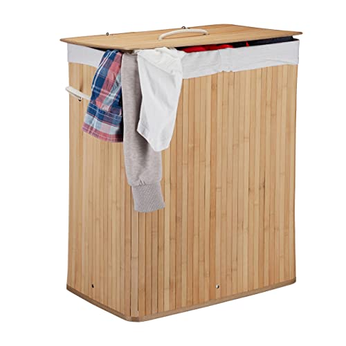 Relaxdays Wäschekorb Bambus mit Deckel, rechteckiger Wäschesammler, 2 Fächer, 95 l Volumen, faltbare Wäschebox, natur