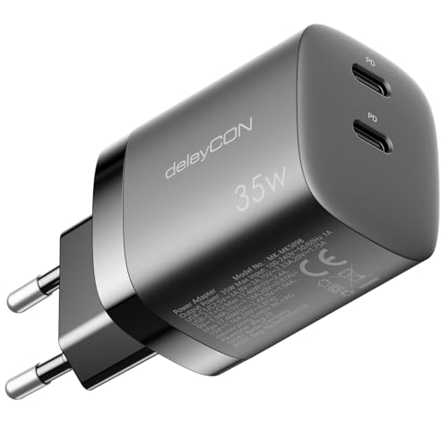 deleyCON Ladegerät USB C (2 Port - 35W Schnellladegerät) USB-C Netzteil für iPhone 16/15/14/13/12/11 iPad Galaxy S24/S23 Pixel Handy PD 3.0 Charger - Schwarz