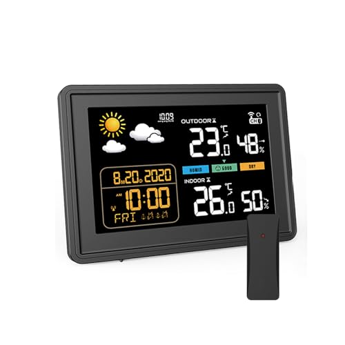 Wetterstation Funk mit Außensensor Nur mit Netzbetrieb, DCF Funkuhr Weather Station Digital Funkuhr Innen und Außen Thermometer Hygrometer mit Wettervorhersage, Funkthermometer Atmosphärendruck