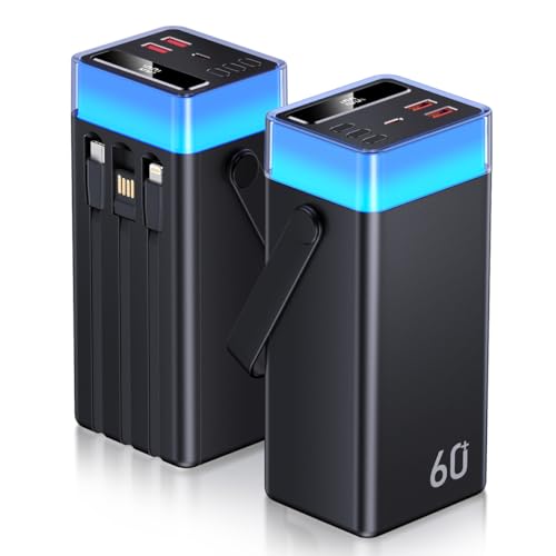 CUZAR Power Bank 60000mAh 22.5W Schnellladefunktion Powerbank,USB C mit Kabel Tragbares Externer Akku für iPhone 16 15 14 13 Xiaomi iPad Travel Camping Outdoor
