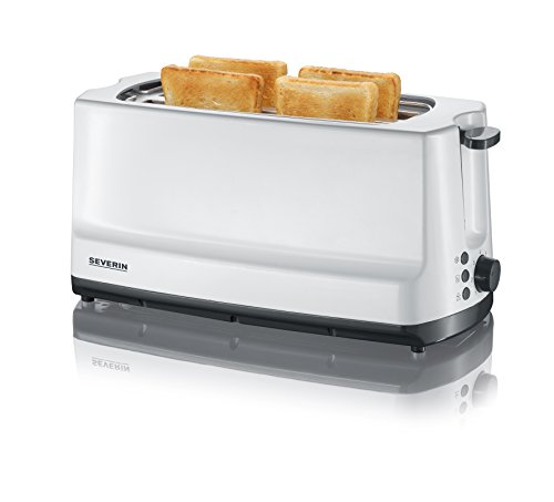 SEVERIN Automatik-Langschlitztoaster, 4 Toast, Automatik-Toaster mit Brötchenaufsatz, Edelstahl Toaster zum Toasten, Auftauen und Erwärmen, 1.400 W, weiß / grau, AT 2234