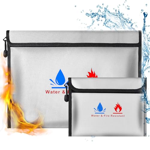 Feuerfeste Tasche Dokumententasche - 2 Set Feuersichere wasserdichte Tasche Hülle Beutel Behälter für Dokumente Passport Bankdatei Geld Wertsachen (Grau)