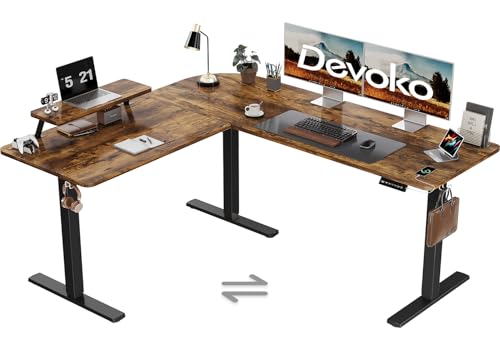 Devoko Höhenverstellbarer Schreibtisch L Form, 160 x 140cm L-förmig Schreibtisch Höhenverstellbar Elektrisch, Eckschreibtisch Ergonomischer Steh-Sitz Tisch Computertisch (Vintage Braun)