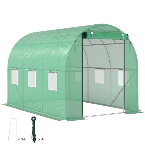 Outsunny Gewächshaus 200x300x200cm Foliengewächshaus Tomatenhaus mit Tür, 6 Fenster, Folientunnel aus verzinktem Stahl, 170g/m² PE, stabiles pflanztunnel, Treibhaus inkl. Erdanker & Seilen, Grün