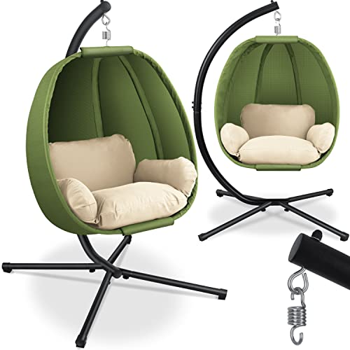 KESSER® Luxe Hängesessel mit Gestell + weicher Sitzkissen, Seitenpolsterung, Sitz- und Rückenkissen Hängekorb Indoor & Outdoor, Garten Schaukel Korb Hängestuhl Stabiler Standfuß, max. 150 kg Khaki