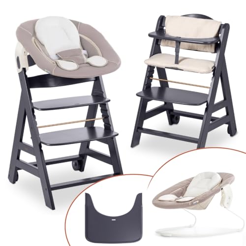 hauck Hochstuhl Beta+ Newborn Set - Babyhochstuhl Set ab Geburt mit 2in1 Neugeborenen Aufsatz Bouncer, Sitzpolster und Essbrett - Dark Grey