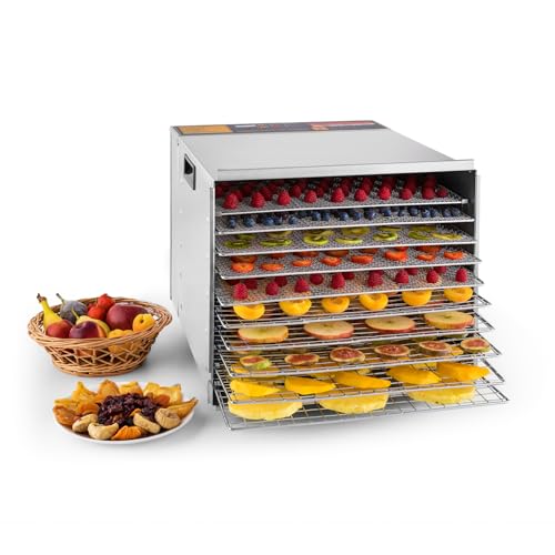 Klarstein Fruit Jerky Pro - Dörrgerät, Dörrautomat, einzeln entnehmbar, einstellbare Temperatur, große Trockenfläche, Timer, Ventilator, 1000 Watt, 10 Etagen, silber