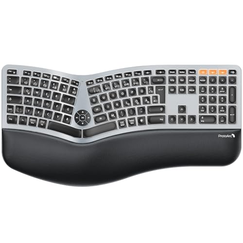 ProtoArc EK01 Plus Ergonomische Tastatur Kabellos Beleuchtet, Full Size Ergo Funktastatur mit Handballenauflage, Wireless Split Keyboard, Bluetooth und USB, Kompatibel mit Windows/Mac/Android