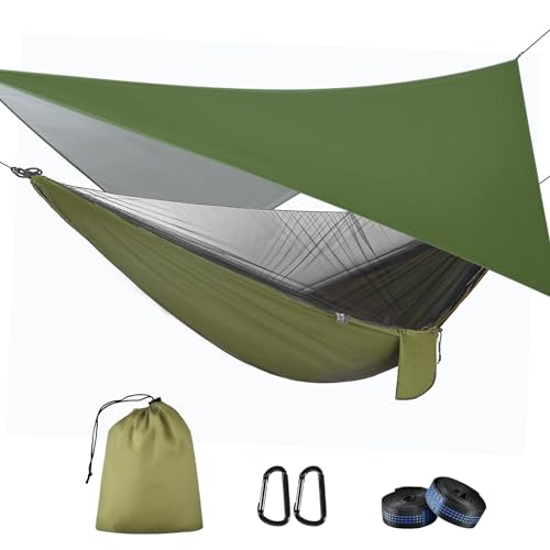 OTraki Hängematte Outdoor mit Tarp Moskitonetz 290cm x 140cm Ultraleicht Wasserdicht Camping Hammock Hängematten mit Insektennetz und Zeltplane 200kg Last Kapazität für Wandern/Reisen