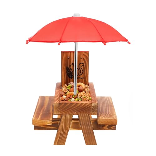 Eichhörnchen Futterhaus Wetterfest mit Regenschirm,Eichhörnchenfutterhaus für draußen Lustiger Picknicktisch mit Solider Struktur Chipmunk Futterhaus mit Maiskolbenhalterung,21×18×18 cm