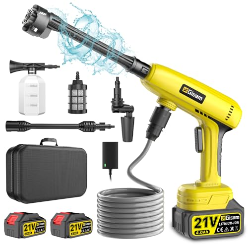 Akku Hochdruckreiniger,60 Bar Mobiler hochdruck wasserpistole mit 2 x 4000mAh Akku,6-in-1-Multifunktionsdüse,180° Drehbare Düse,5M Schlauch,Filterkessel,Passend für Autos,Terrasse,Fenster