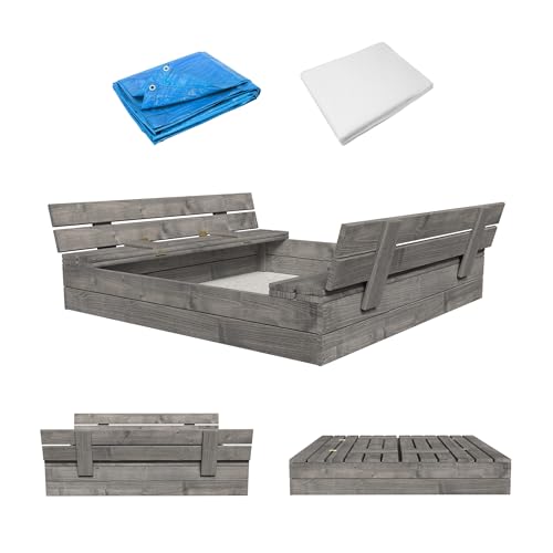 MAMOI Sandkasten mit Deckel 120x120 Sandbox Imprägniert Sandkiste mit Sitzbänken Holz Spielzeug Abdeckung Sitzbänken 150x150