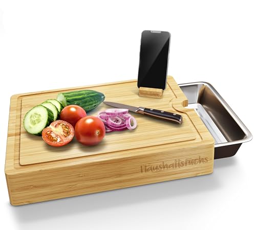 HaushaltsFuchs® Premium 100% FSC® Bambus Schneidebrett mit großer Auffangschale, Handyhalterung & Saftrille – XXL Küchenbrett Holz mit Edelstahl Auffangbehälter - Brett mit Wanne/Schale (rutschfest)