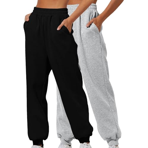 XCXC 2er-Pack Damen Jogginghose mit Cinch-Bottom und Taschen Frauen Einfarbiger Trainingsanzug Baggy Hose mit elastischer Taille für Lässiges Hip-Hop, Fitnessstudio und Joggen