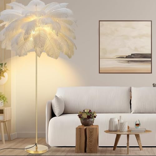 YCKJXSMA Federlampe Stehlampe, Moderne 160cm Große Straußenfeder-Stehlampe, Gold Stehleuchte mit Federn Lampenschirm, 3-farbig Dimmbar, mit Knopfschalter Dekorbeleuchtung