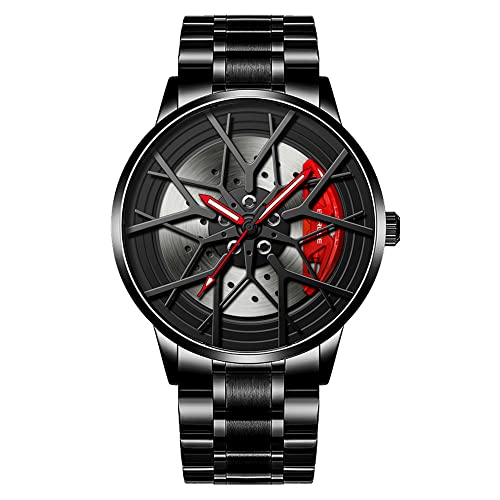 ZFVEN Autoraduhr, stereoskopisch, hohl, für Männer, Sportuhren, modisch, Armbanduhr, für Autoliebhaber, Felgennabe, wasserdicht, Rot B, Armband