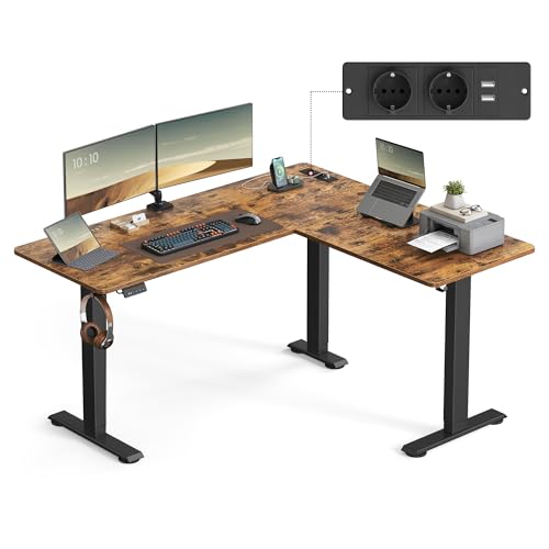 VASAGLE Höhenverstellbarer Schreibtisch elektrisch, L-förmiger Eckschreibtisch, 140 x 160 cm, mit Ladestation, Memory-Funktion mit 2 Höhen, für Homeoffice, vintagebraun-tintenschwarz LSD264K01