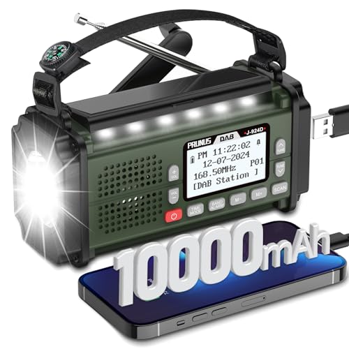 PRUNUS J-924 Digital Radio DAB+/UKW, Kurbelradio Notfall mit 10000mAh Akku, DAB Radio mit Bluetooth, Notfallradio mit Taschenlampe/SOS Alarm/Handyladefunktion für Ourdoor, Notfall.(Dunkelgrün)