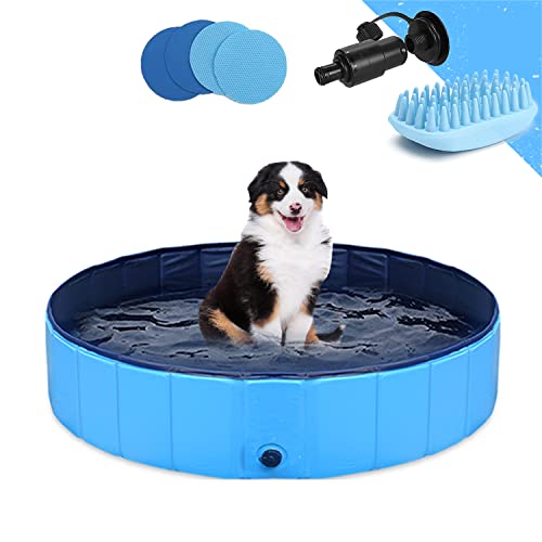 Hundepool Schwimmbecken Faltbarer Hund 32'x8' Planschbecken Swimmingpool Kinderpool Hundebadewanne Doggy Pool für Großes Haustier Hund Katze Kinder PVC rutschfest (Bonus Haustier Badebürste)