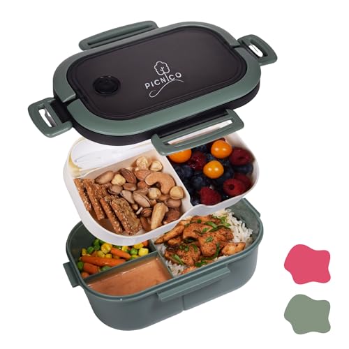 Picnico Lunchbox mit Fächer - 1200ml mit Löffel und Gabel - auslaufsichere Brotdose mit 2 Etagen