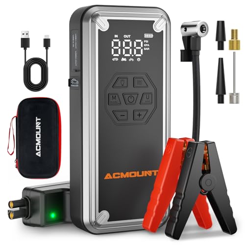ACMOUNT Starthilfe Powerbank mit Kompressor, 150PSI 5000A Starthilfe Powerbank für Pkw, 12V Auto Starthilfe Powerbank (Bis zu 9L Benzin und 8L Dieselmotor), LED-Licht, Zwangsweise Startfunktion