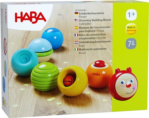 HABA Entdeckerbausteine Raupe - Regenbogen Holzkugeln mit optischen & akustischen Effekten - Made in Germany - Für Kinder ab 1 Jahr - Fördert die Feinmotorik - 2010924001