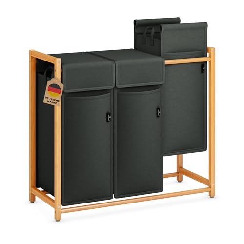 AdelDream Wäschekorb Kleidersortierer 3 Fächer Wäschewagen mit abnehmbaren Taschen Kleidersammler Bambus 150L Dunkelgrau