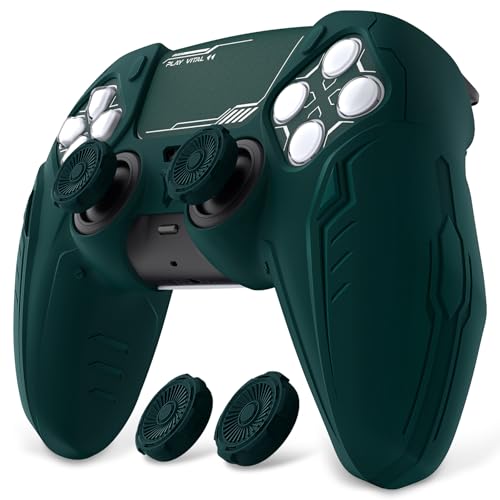 PlayVital Silikonhülle für ps5 Controller, Anti-Rutsch Schutzhülle case für ps5 Controller, Hülle Gehäuse zubehör Kompatibel mit ps5 offizieller Ladestation(CyberMech Edition,Grün)