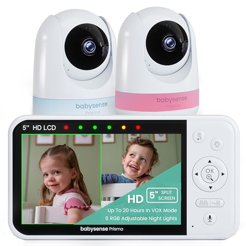 Babysense Prisma 5' HD-Video-Babyphone mit 2 Kameras und Audio, 6-Farben-Nachtlicht, geteiltem Bildschirm, Baby-Soundmaschine mit weißem Rauschen und Schlafliedern, sichere No-WiFi-Verbindung.