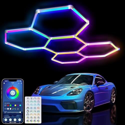 VASTFIRE RGBW Hexagon Garage Leuchten:5-Hex Deckenleuchte 43W 15950 Lumen Auto Lager Werkstatt Gym RGB LED Wabenbeleuchtung Esports Gaming